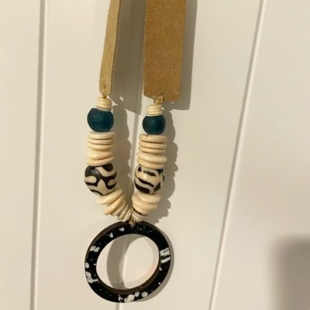 Leather Necklace with Navy Blue Accents and Cream Beads